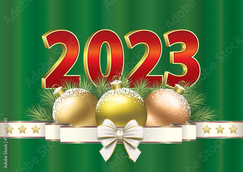 Merry Christmas 2023 background on modern green decorated with christmas balls and decorative ribbon with bow, 3d vector illustration