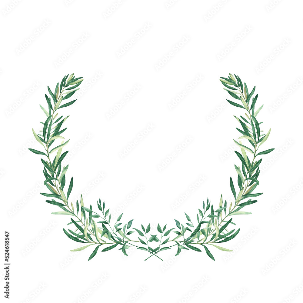 Watercolor olive wreath with pistachio branches. Isolated on white background. Hand drawn botanical illustration of sports achievements, awards and success. Can be used for emblem and logos design.