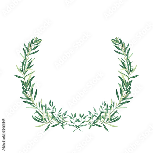 Watercolor olive wreath with pistachio branches. Isolated on white background. Hand drawn botanical illustration of sports achievements  awards and success. Can be used for emblem and logos design.