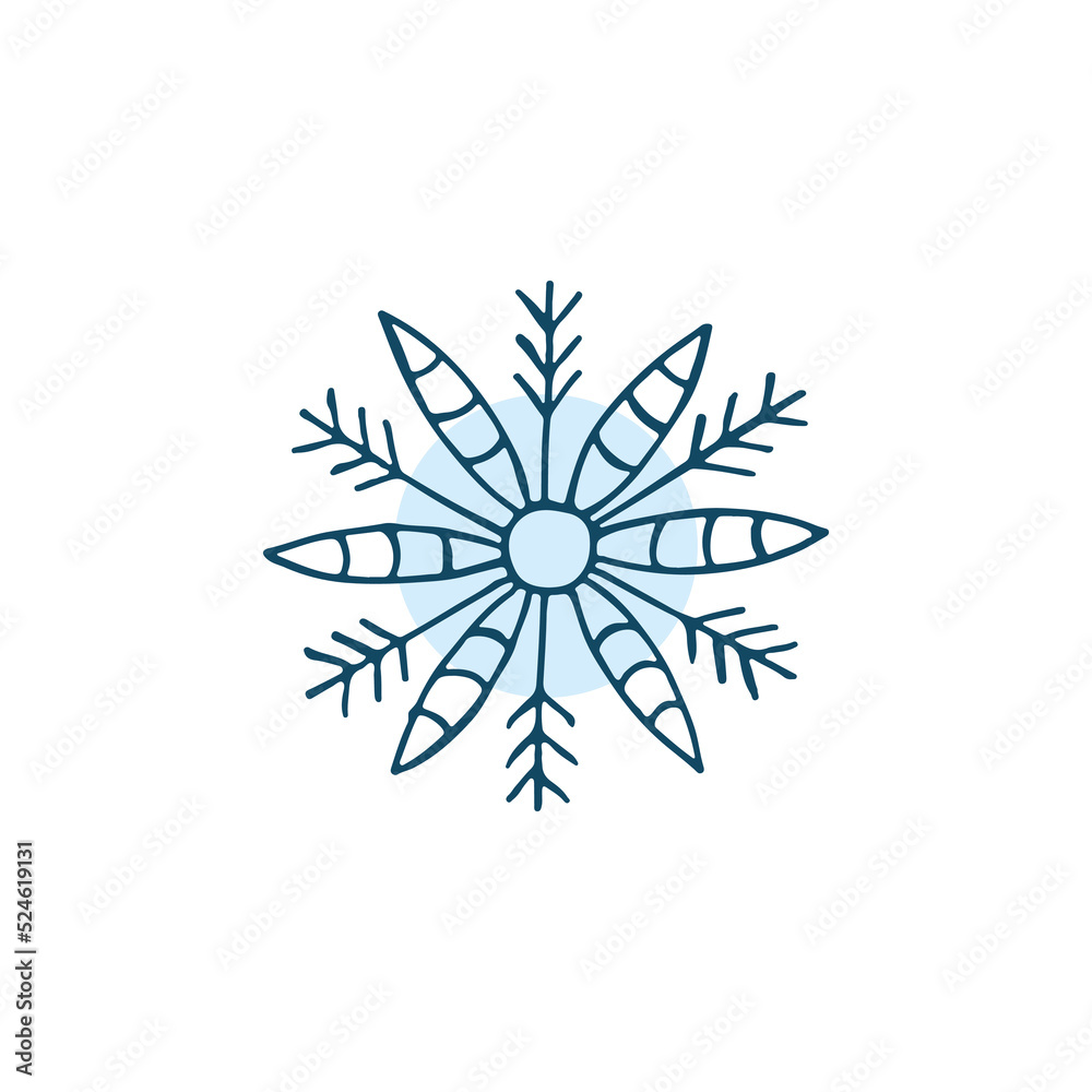 A hand-drawn snowflake. Vector illustration in doodle style. Winter mood. Hello 2023. Merry Christmas and Happy New Year. Blue element on a white background.