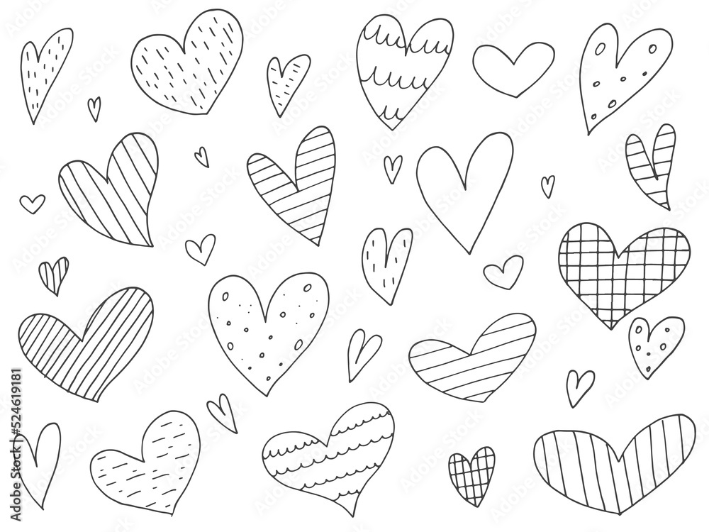Big set of cute hand-drawn doodle elements about love. Message stickers for apps. Icons for Valentines Day, romantic events and wedding. Hearts with stripes and texture. Big set of cute hand-drawn doodle elements about love. Message stickers for apps. Icons for Valentines Day, romantic events and wedding. Hearts with stripes and texture.