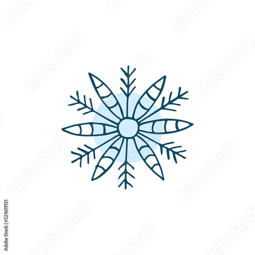 A hand-drawn snowflake. Vector illustration in doodle style. Winter mood. Hello 2023. Merry Christmas and Happy New Year. Blue element on a white background. © Hudoi Baran