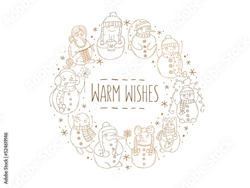 Set of cute snowmen on a white background. Vector illustration in doodle style. Winter mood. Hello 2023. Merry Christmas and Happy New Year.