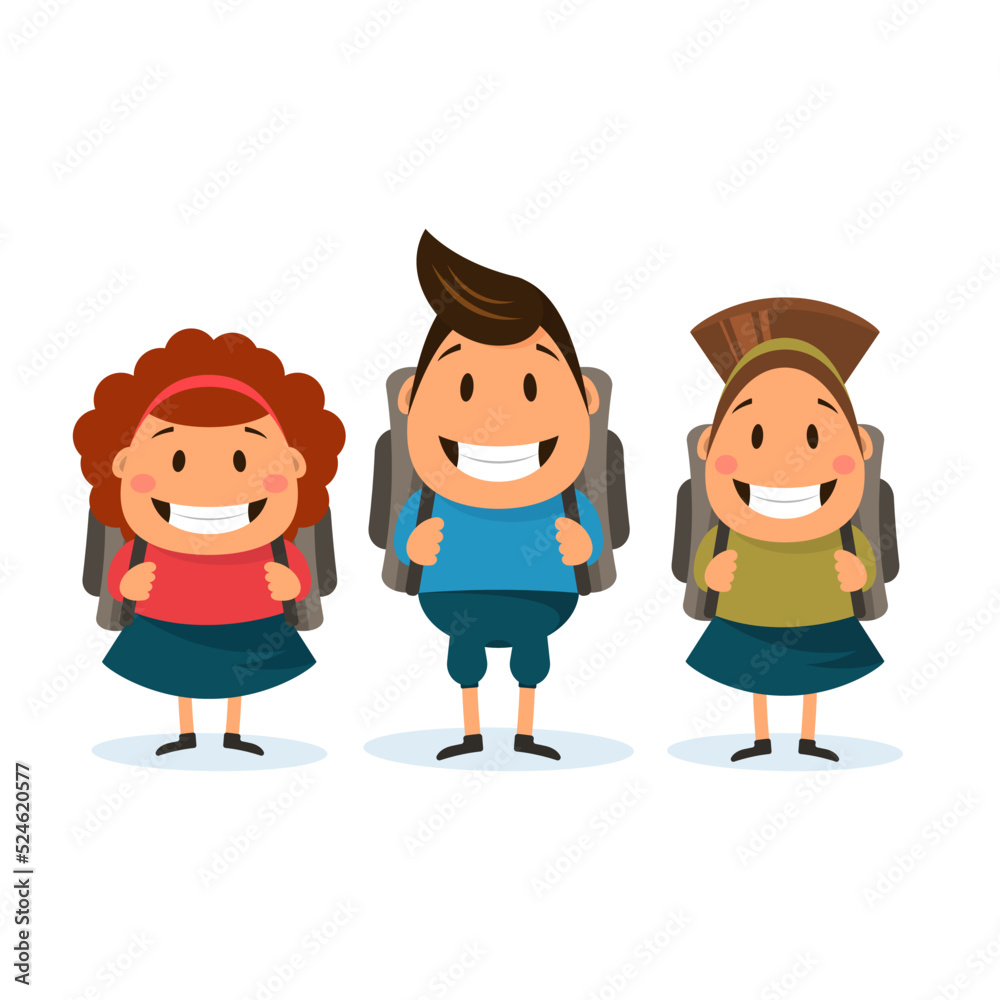 Cartoon happy schoolchildren. Boy and two girls with backpacks Cartoon happy schoolchildren. Boy and two girls with backpacks
