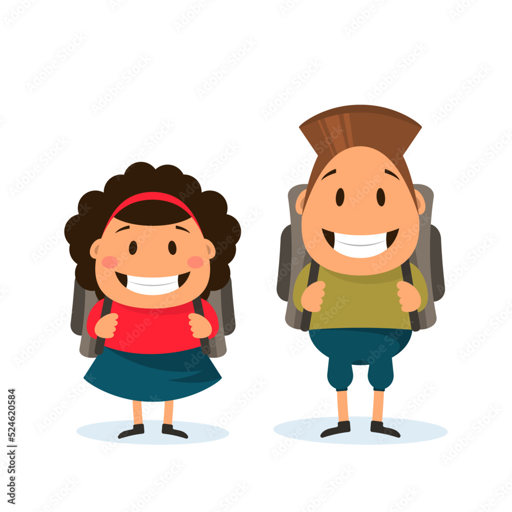 Cartoon happy schoolchildren. Boy and girl with backpacks Cartoon happy schoolchildren. Boy and girl with backpacks
