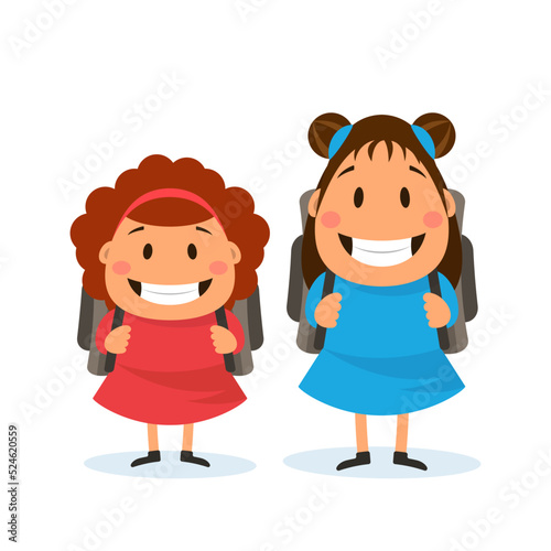 Cartoon happy schoolgirls. Two girls with backpacks