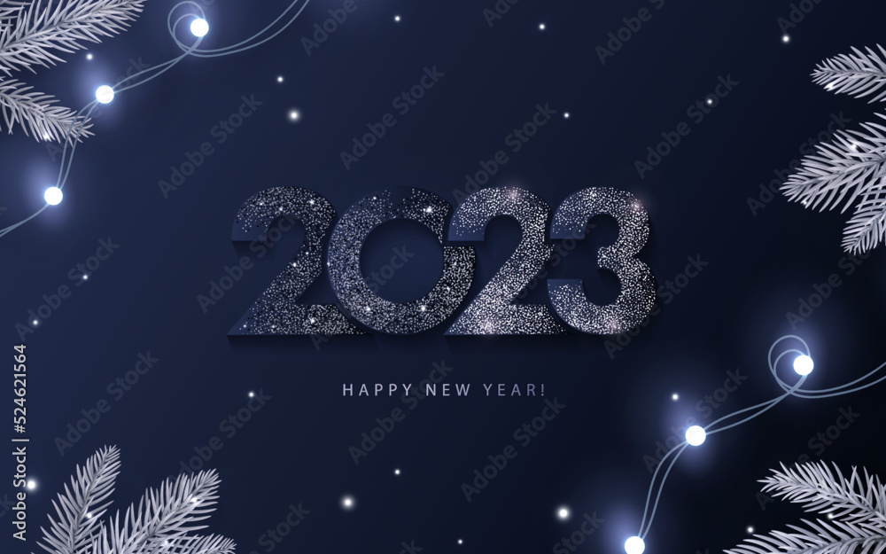 Fototapeta premium Happy New Year 2023 beautiful sparkling design of numbers on dark blue background with lights, pine branches and shining falling snow. Trendy modern winter banner, poster or greeting card template