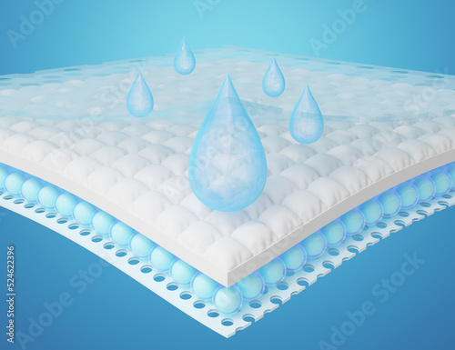 Close up of blue water drop fall onto absorbent pad. 3d moisture absorbing fiber sheets with 4 sections. Odor materials for baby, adult diapers, sanitary pad, absorbing cloth advertising. 3d render. photo