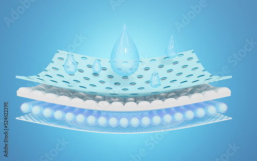 3D Blue water drop fall onto absorbent pad. Close up of moisture absorbing fiber sheets with 5 sections. Odor materials for baby, adult diapers, sanitary pad, absorbing cloth advertising. 3d render. photo