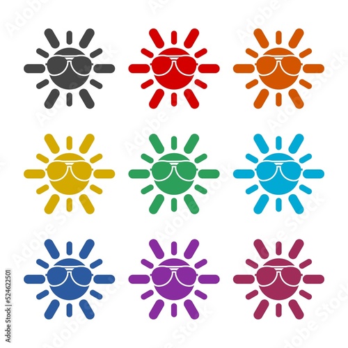 Sun character wearing sunglasses icon. Set icons colorful