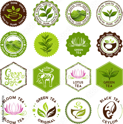 Tea stamps collection. Green and black tea badges.