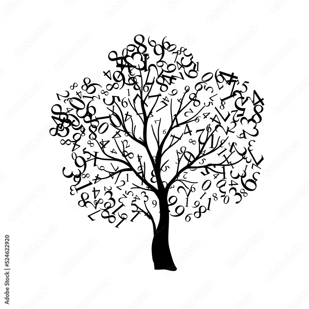 Tree with flying around numbers. Vector decoration from scattered elements. Monochrome isolated silhouette. Conceptual illustration.