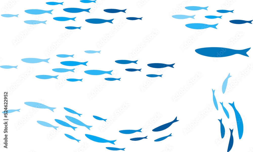 Colony of swiming sea or aquarium fishes. Group of silhouttes . - obrazy, fototapety, plakaty 