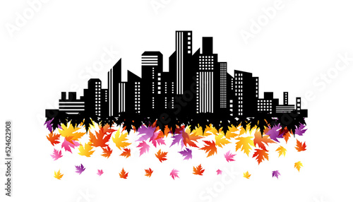 City scape with flying down colorful autumn leaves. Vector decoration from scattered elements. Colorful isolated silhouette. Conceptual illustration.