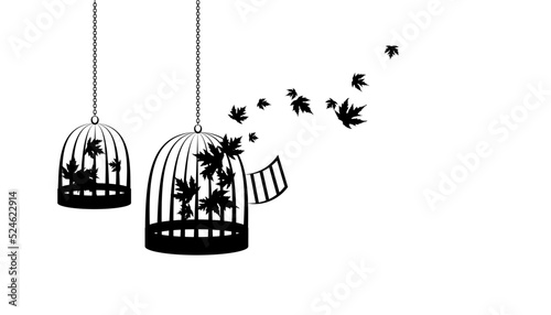 Birdcages with flying up maple leaves. Vector decoration from scattered elements. Monochrome isolated silhouette. Conceptual illustration.