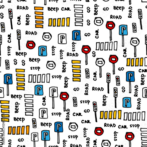 Kids pattern with road signs and words. Vector colorful seamless background in doodle style.