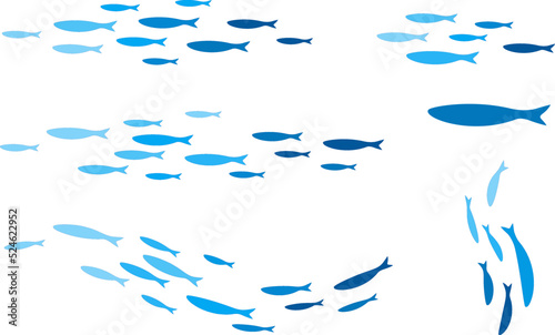 Foto Colony of swiming sea or aquarium fishes. Group of silhouttes .
