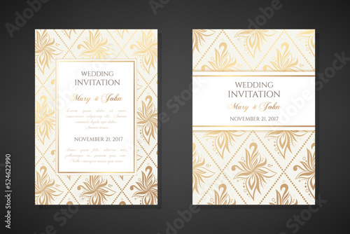 Vintage wedding invitation templates. Cover design with gold tra