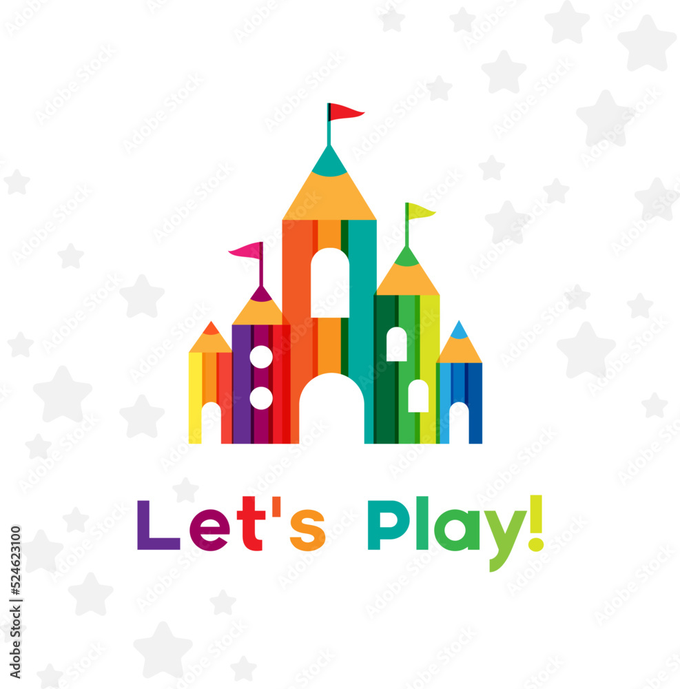 Kids castle from colorful pencils. Childhood fantasy fort with rainbow towers. Emblem for design kids club, preschool room or kindergarten
