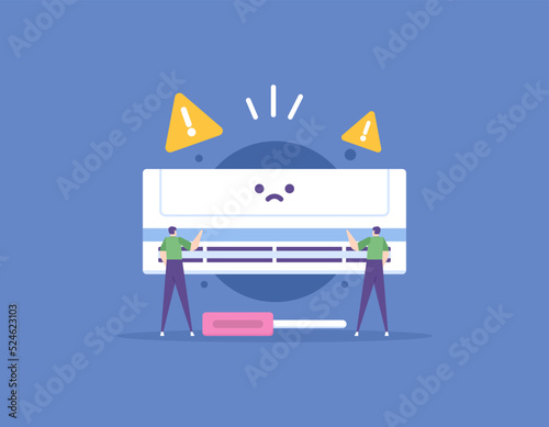 AC or air conditioner repair and maintenance services. a technician repairs a broken AC machine. work and profession. flat cartoon illustration. vector concept design