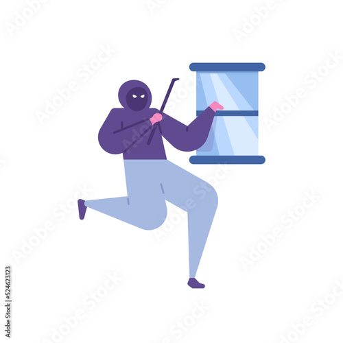 robber or thief. a mysterious person uses a crowbar to open or pry a window. bad people or criminals. flat cartoon illustration. vector concept design