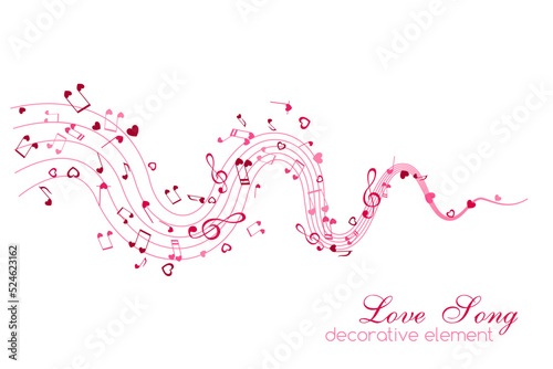 Notes and Hearts on the wavy path. Love Music decoration element isolated on the white background.