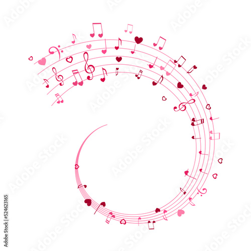 Hearts and Notes on the swirl. Love Music decoration element isolated on the white background.