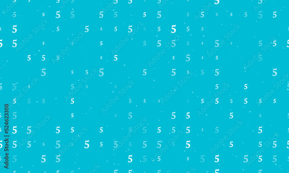 Seamless background pattern of evenly spaced white number five symbols of different sizes and opacity. Vector illustration on cyan background with stars