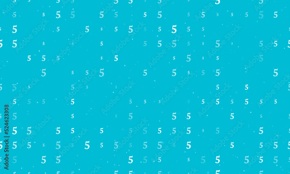 Seamless background pattern of evenly spaced white number five symbols of different sizes and opacity. Vector illustration on cyan background with stars Seamless background pattern of evenly spaced white number five symbols of different sizes and opacity. Vector illustration on cyan background with stars