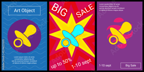 Trendy retro posters for organizing sales and other events. Large nipple symbol in the center of each poster. Vector illustration on black background