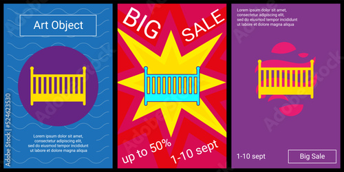 Trendy retro posters for organizing sales and other events. Large baby cot symbol in the center of each poster. Vector illustration on black background