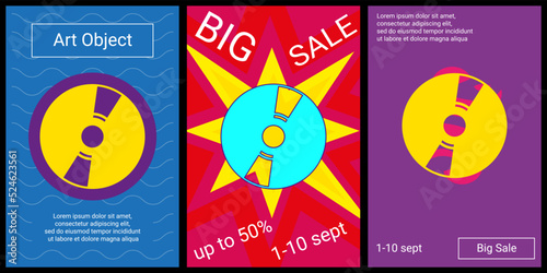 Trendy retro posters for organizing sales and other events. Large cd symbol in the center of each poster. Vector illustration on black background