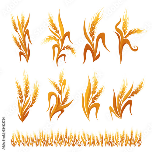Wheat ears decorations. Cereal spikelets symbols isolated on white background. Design elements for bread packaging, beer label or organic grain products,