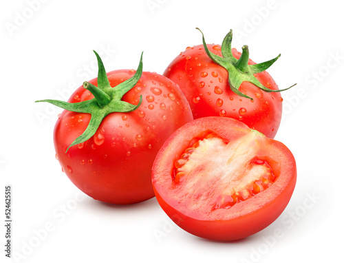 Fresh juicy red Tomato with cut in half and water drops isolated on white background. Clipping path.