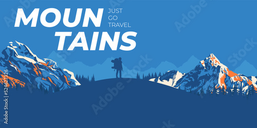 Silhouette of people in a team in the mountains. Travel concept of exploring and observing nature. Hiking. Climbing. Adventure tourism. Flat design for social media, poster, banner. Landscape.