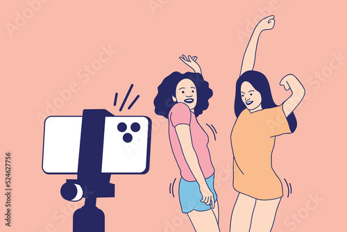 Illustrations of two Beautiful influencer girl happy recording dancing video with smartphone for tiktok challenge