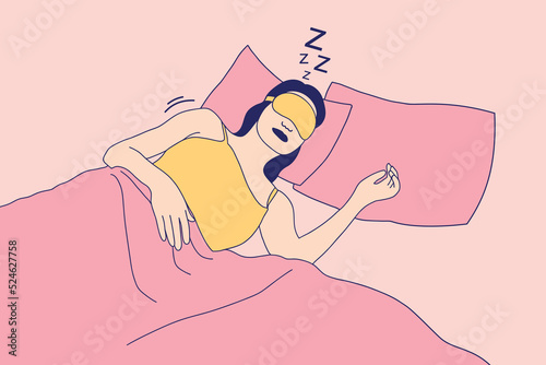 Illustrations of Beautiful Young woman with sleep mask enjoy sleeping on the bed
