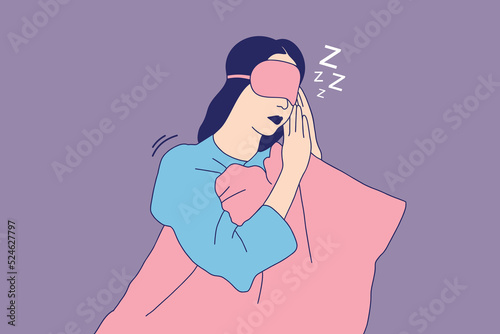 Illustrations of Beautiful Young girl with sleep mask lying on bed in the night