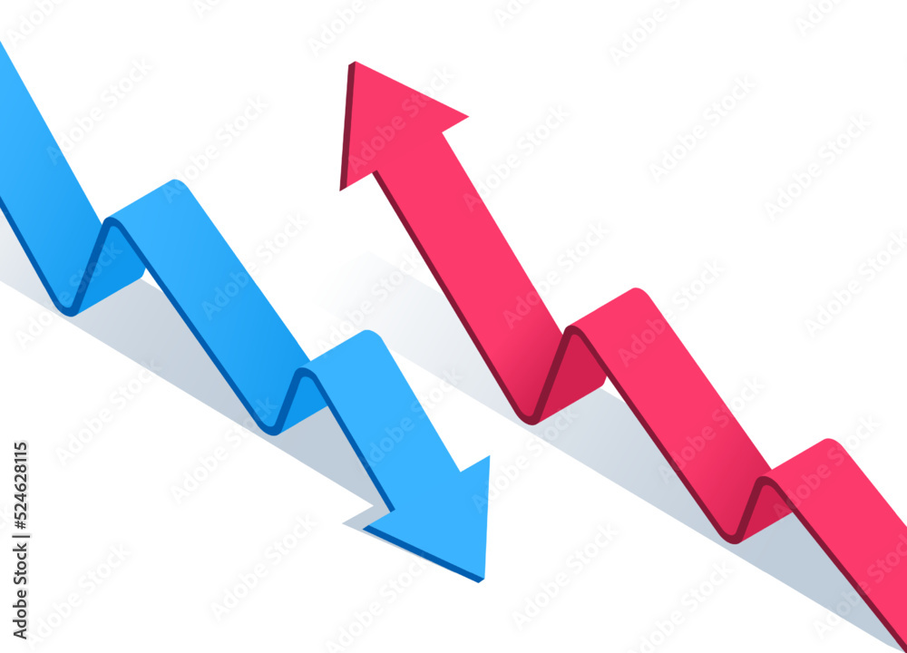 isometric vector image on a white background, stepped arrows of blue and red color directed oppositely up and down, flow and growth in the economy isometric vector image on a white background, stepped arrows of blue and red color directed oppositely up and down, flow and growth in the economy