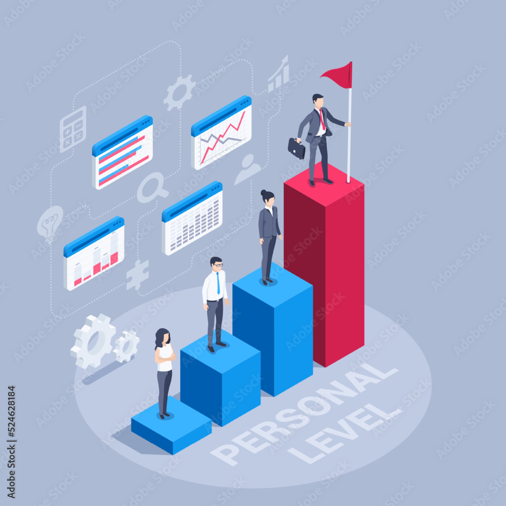 isometric vector illustration on a gray background, people in business clothes on the chart each at their own level, a man with a flag on the highest level, personal level isometric vector illustration on a gray background, people in business clothes on the chart each at their own level, a man with a flag on the highest level, personal level