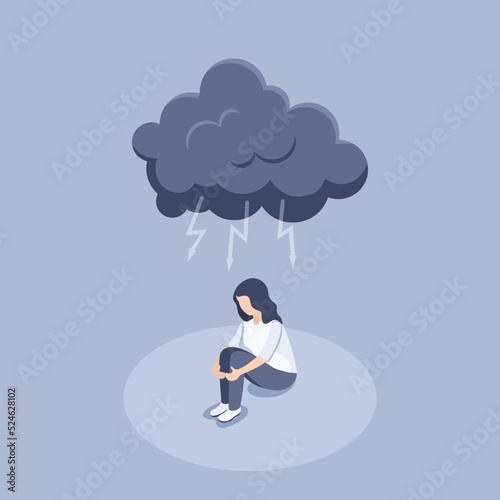 isometric vector illustration on a gray background, a storm cloud with lightning bolts over a sitting sad woman, depression or sadness