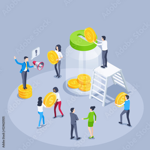 isometric vector illustration on a gray background, people carry gold coins to the jar piggy bank, filling the fund or deposit
