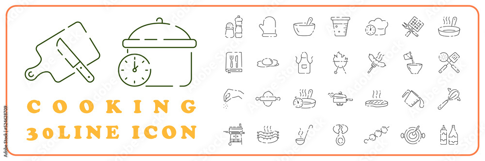 Cooking Foods and Kitchen outline icons set. Restaurant cook, barbecue and picnic for eat meal Cooking Foods and Kitchen outline icons set. Restaurant cook, barbecue and picnic for eat meal