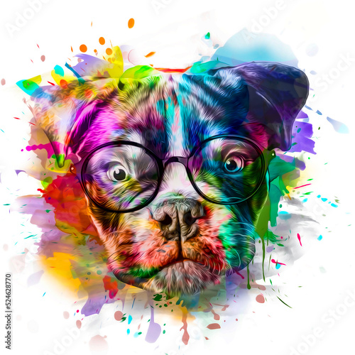 Dog's head in eyeglasses illustration on white background with colorful creative elements