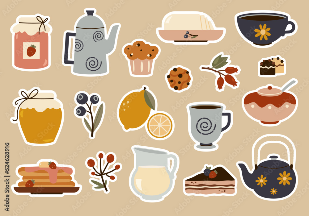 Tea stickers. Vector illustrations about tea party and leisure. Tea stickers. Vector illustrations about tea party and leisure.
