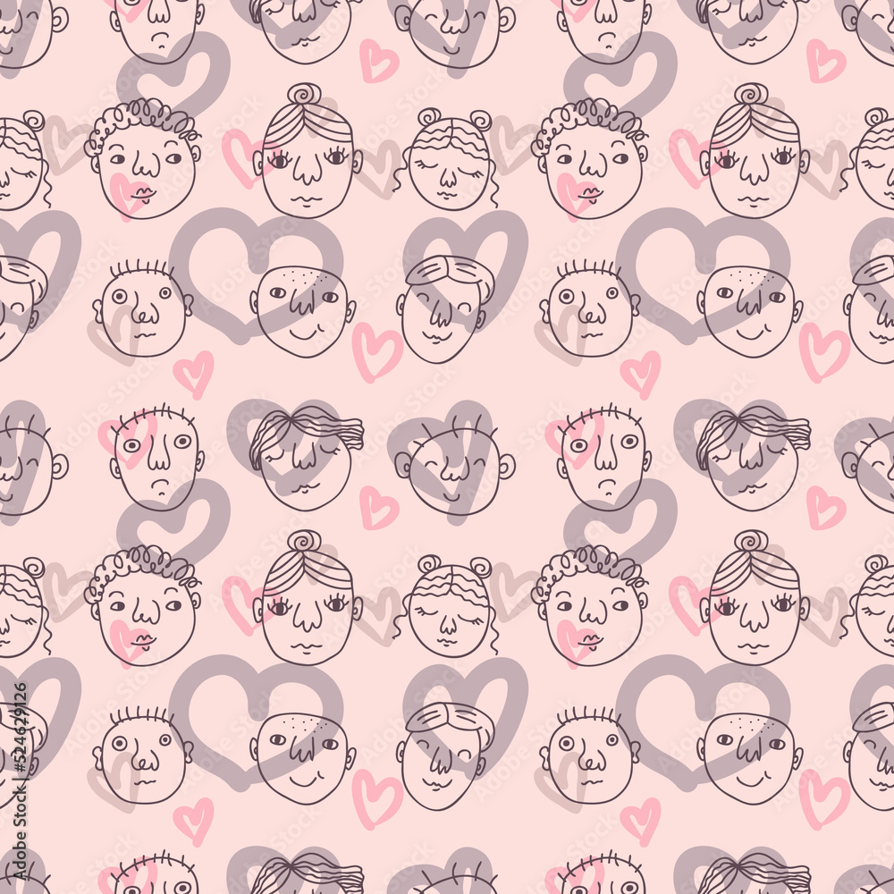 Hand drawn seamless pattern with peoples faces and hearts. Perfect for T-shirt, textile and print. Doodle illustration for decor and design.