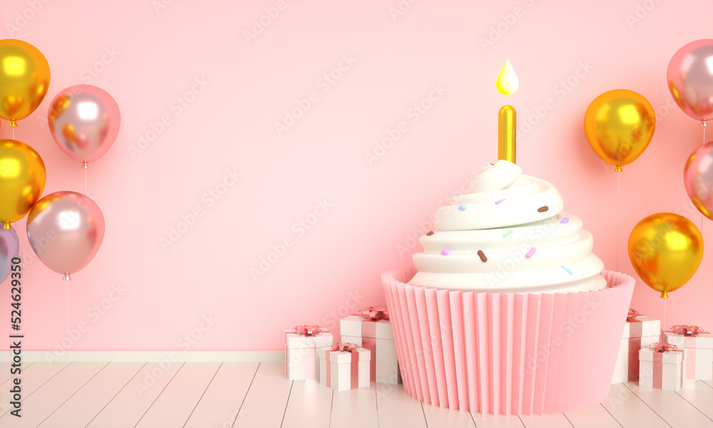 Pink golden happy birthday cake invitation card banner background with