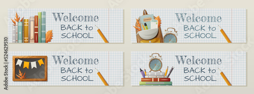 Set of horizontal banner, checkered notebook background. Welcome back to school text. Vector illustration. Books, backpack, alarm clock, stationery, chalkboard. For poster, flyer, website interface