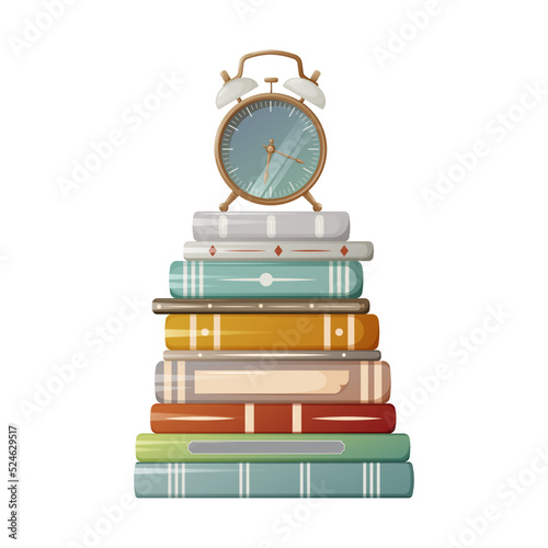 Stack of books with alarm clock. Vector illustration. Education, school, business concept. For students, bookstore, lovers of literature