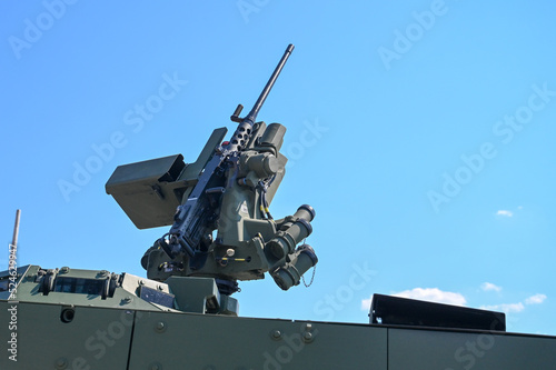 Automatic anti-aircraft gun on battlefield. Anti-aircraft gun on tank.